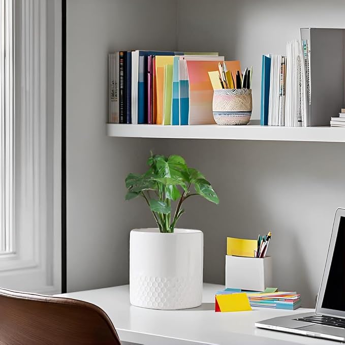 Docrin Ceramic Planters Indoor: 8 Inch Plant Pots with Drainage Holes for Home/Office - White Honeycomb