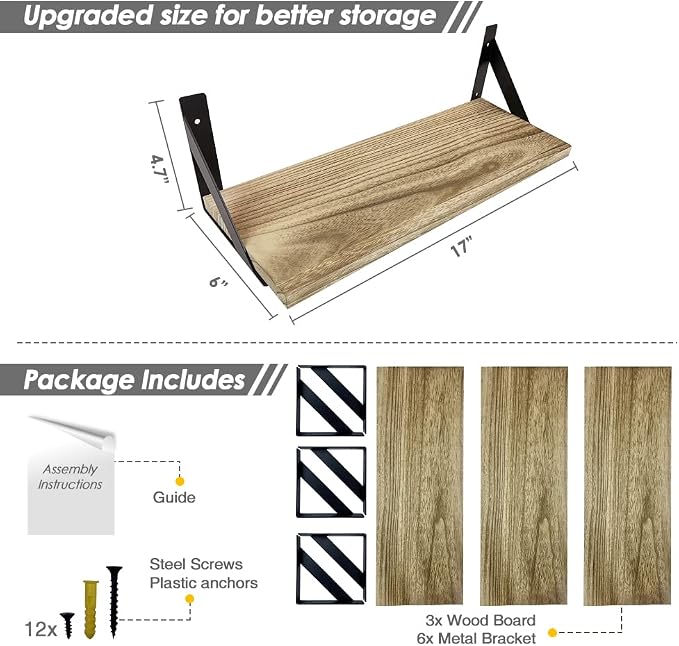 Floating Shelves with Black Metal Brackets Set of 3, Light Wood Wall Bookshelf - Image 3
