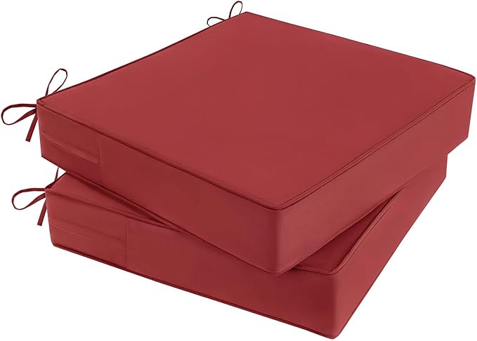 Outdoor Chair Cushions Set of 2 for Patio Furniture 24x24x4 Inch Waterproof Patio Chair Cushion 3 Year Color Fastness Square Elastic Foam Garden Couch Pads with Ties and Handle,Red