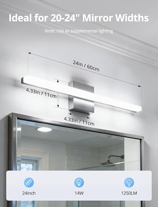 Combuh LED Vanity Lights Bar 24 Inch Bathroom Light Fixtures 14W IP44 Over - Image 8