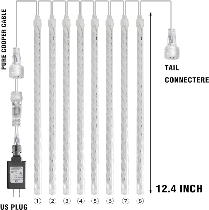 Dazzle Bright 288 LED Christmas Light, 11.8 Inch Meteor Shower Rain Lights with 8 Tubes，Waterproof Plug in Falling Rain Lights Christmas Decorations for Xmas Bushes Tree Yard Party, Blue and White