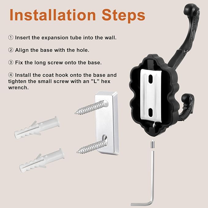 Zonon 8 Pcs Black Wall Hooks Set Vintage Coat & Towel Hooks - Image 4