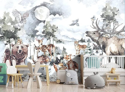 Boys or Girls Cartoon Watercolor Animals wallpeper Nursery Kids Bedroom wall - Image 2