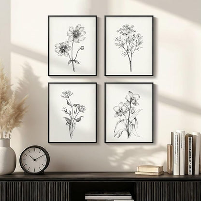 Framed Black and White Bathroom Wall Art, 4 Piece Vintage Floral Canvas Prints - Image 4