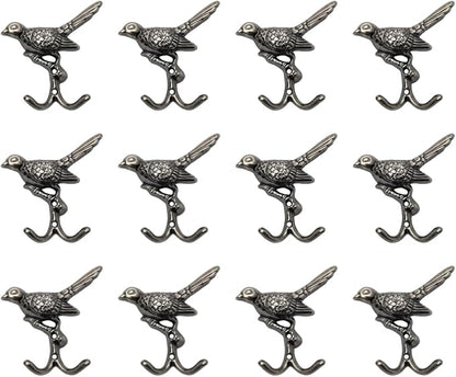 12 pcs Antique Silver Bird Decorative Wall Hooks - Image 2
