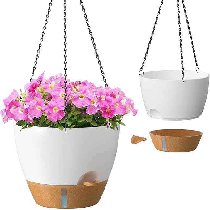 ZMTECH 12 Inch Hanging Planters for Indoor Outdoor Plants, 2 Pack Self Watering Hanging Plant Pots with Drainage Hole, Visual Reservoir, Plastic Flower Hanging Pots with Watering Lip (White)
