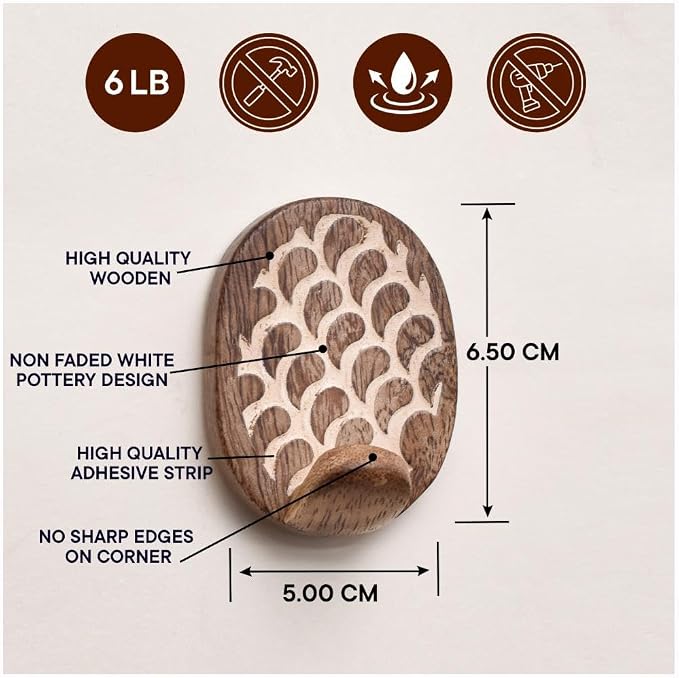 IndianShelf 6 Lb- 24 Pieces Decorative Wood Adhesive Wall Hooks–Boho Peel and - Image 7