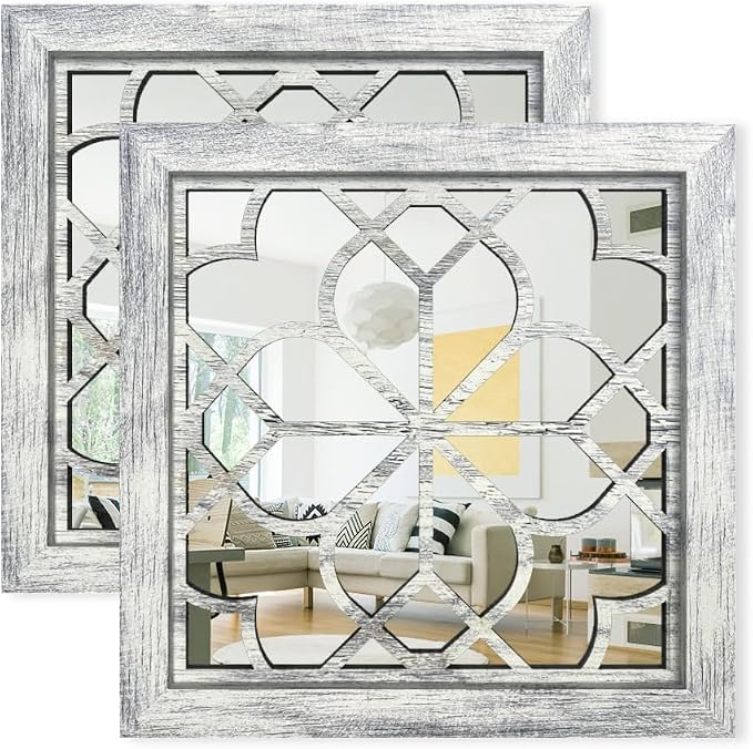 Set of 2 14 Inch Square Grey Window Pane Wall Mirrors, Shatterproof Rustic by HMANGE