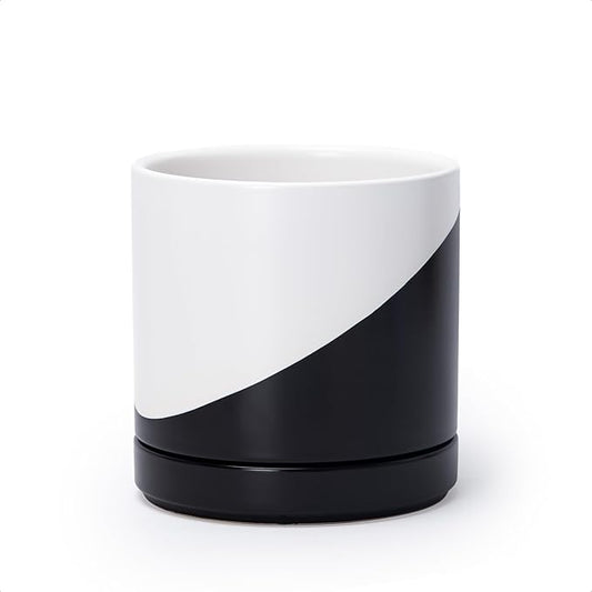 D'vine Dev 6.5 Inch Ceramic Planter Pot with Drainage Hole and Saucer, Indoor Cylinder Round Planter Pot, Oblique Monochrome Black and White, 94-O-C-K
