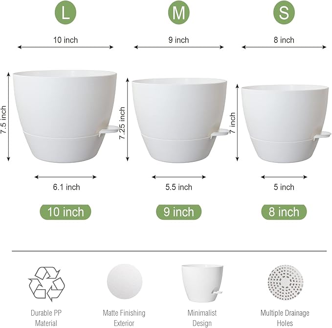 10/9/8 inch Self Watering Pots, Set of 3 Plastic Planters with Mesh Drainage Holes and Deep Reservoir for Indoor Outdoor Garden Plants and Flowers, White