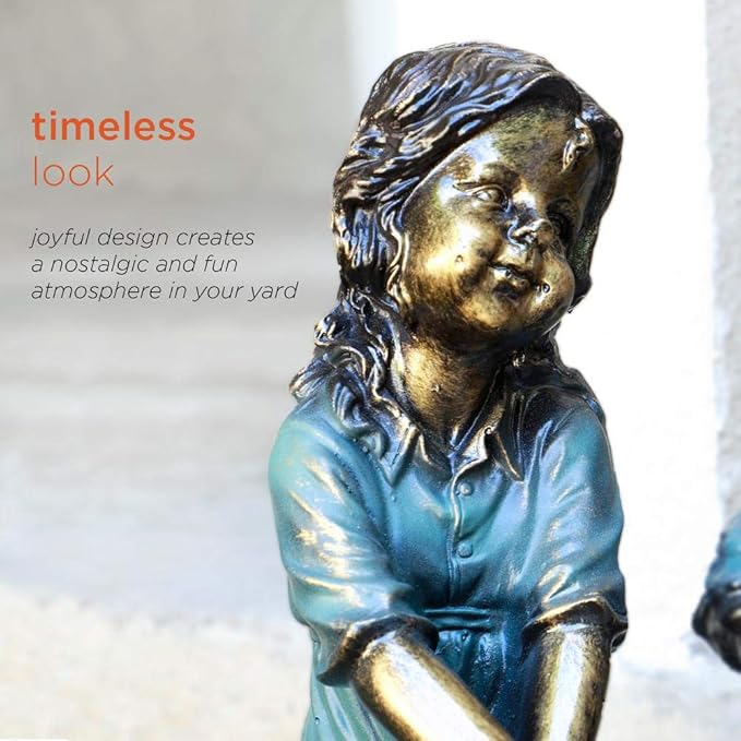 Alpine Corporation 16" Tall Indoor/Outdoor Girl and Boy Sitting on Bench with Puppy Statue Yard Art Decoration