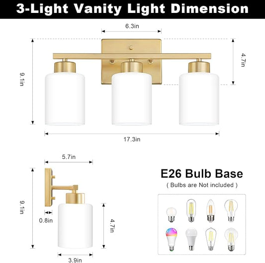 FonmYim Gold Bathroom Light Fixtures, 3-Light Modern Vanity Light Over Mirror - Image 2
