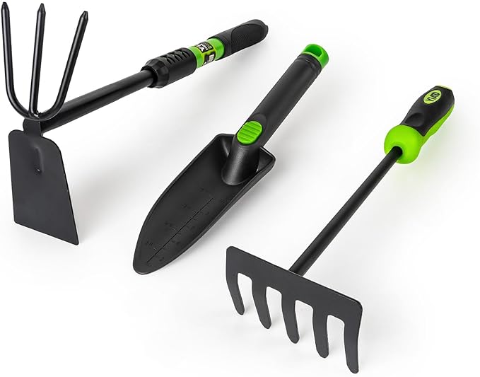 Hoe Garden Tool Set, 3 Piece Handheld Gardening Tools includs Garden Hoe and Cultivator Combo, Mini Hand Rake and Garden Trowel Outdoor Heavy Duty Garden Tools for Weeding or Digging