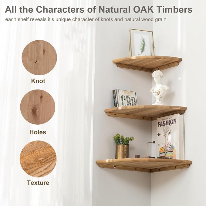 Corner Shelf, Solid Oak Wood Floating Corner Shelves Wall Mount Round End - Image 6