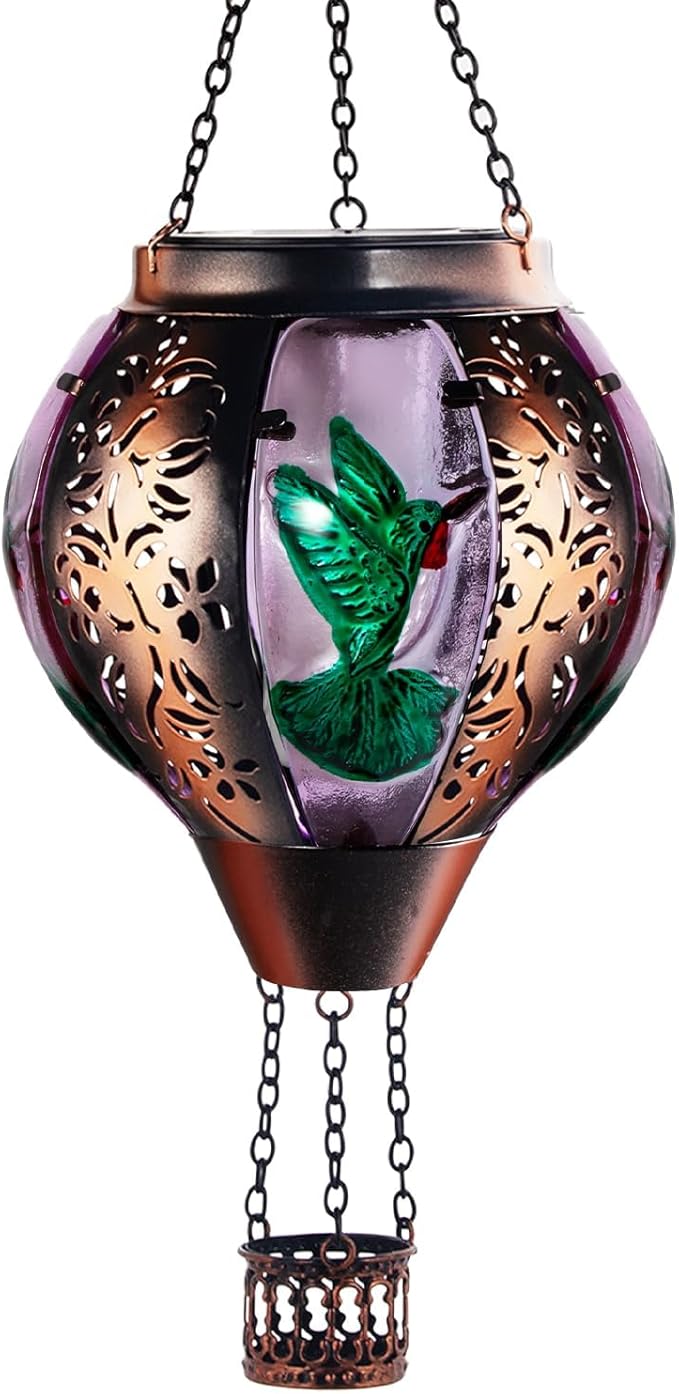 Hot Air Balloon Solar Lantern Outdoor - Flame Hanging Solar Light Waterproof Lanterns for Patio Garden Yard Farmhouse Decor, Great Gift(Hummingbird 2)