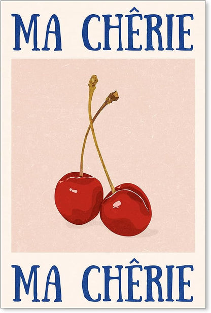 jkahh Funky Cherry Wall Art Vintage Red Blue Aesthetic Poster Trendy Ma Cherie by Unknown
