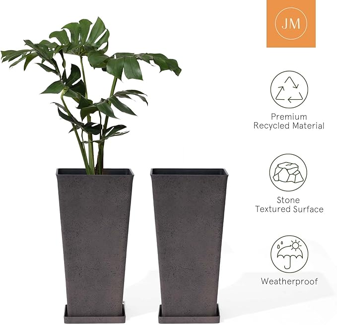LA JOLIE MUSE 26 inch Tall Planters for Outdoor Plants,Set of 2 Tapered Planters with Trays,Iron Plastic Rectangular Tall Planters for Front Door, Patio and Deck, 26'' Iron With Tray