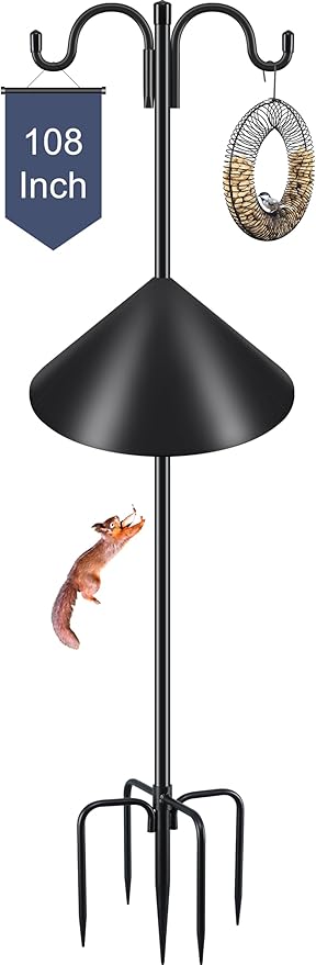 Gtongoko Bird Feeder Pole Squirrel Proof, 108 Inch Double Shepherds Hook for Outdoor with Squirrel Baffles Adjustable Heavy Duty with 5 Prongs Base for Hanging Plants, Bird Feeders, Black