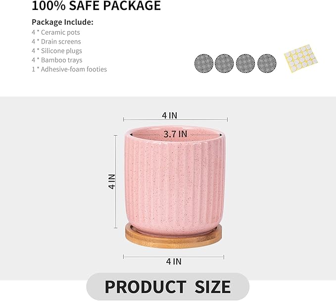 OMAYKEY 4 Inch Ceramic Plant Pot with Saucer, Adorable Stripe Multicolor Small Planters Pots with Drainage Hole & Mesh Pads for Succulent, Snake Plants, Cactus, Herbs - Set of 4