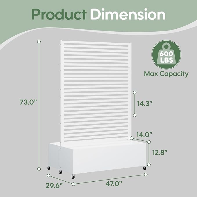 Double Metal Planter Box with Trellis Privacy Screen, Raised Garden Bed with Trellis & Wheels, Planter Box Outdoor with Drainage Holes for Climbing Plants, Vegetable, Vines,73"x 47"x 30", White