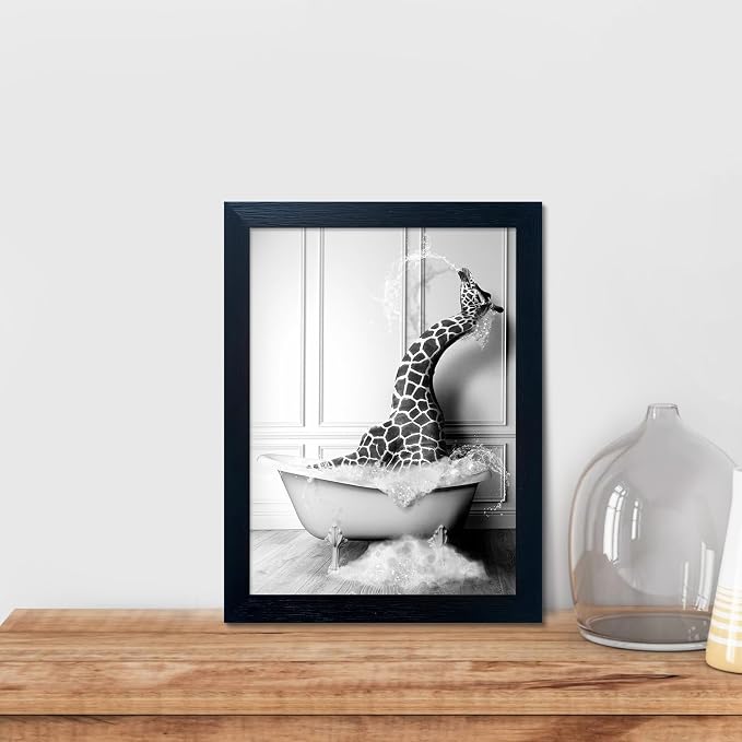 Black and White Bathroom Wall Decor Funny Giraffe in Bathtub Decor Framed - Image 7