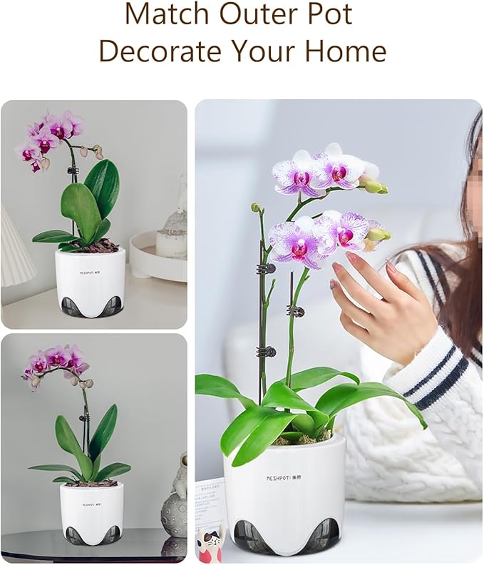 6 inch Orchid Pots with Holes for Repotting with Excellent Airflow, Set of 1, Double Layer Plastic Imitate Ceramic Orchid Planter, Clear Orchid Pot Match Decorative Orchid Container