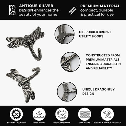 6 pcs Antique Silver Dragonfly Decorative Wall Hooks - Image 5