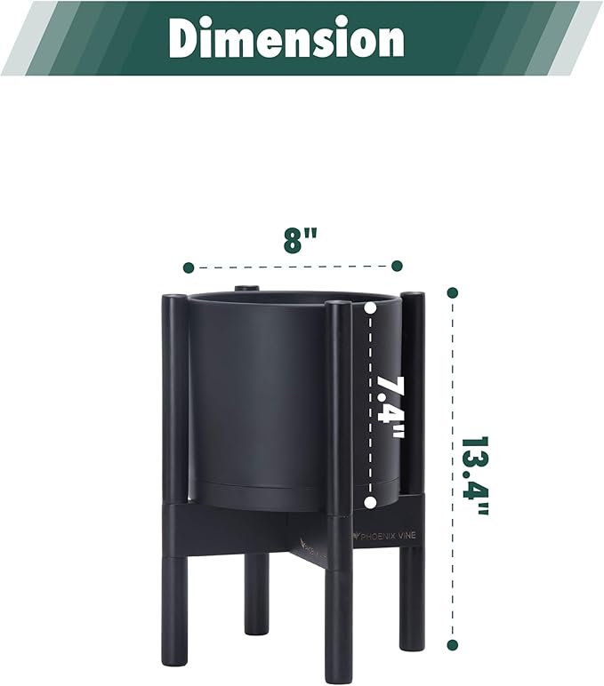 D'vine Dev Planter Pot with Stand - 8 Inch Plastic Cylinder Flower Pot with Wood Planter Holder for Indoor, Matte Black Pot + Ebony Stand, 55-C-K-2