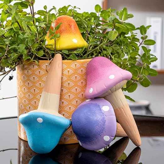 4 Pack Terracotta Watering Spikes, Vacation Self-Watering Planters Devices - Continuous Moisture with Slow Release Watering System - Perfect for Indoor Outdoor Plants (Fantasy Mushroom)