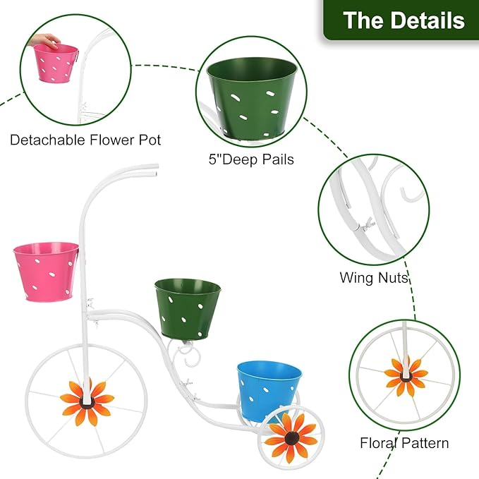 BAYN Bicycle Planter Stand, Metal Flower Pot Cart Holder Tricycle Planter with 3 Plant Bucket Outdoor Decorative for Patio, Deck, Garden, Lawn