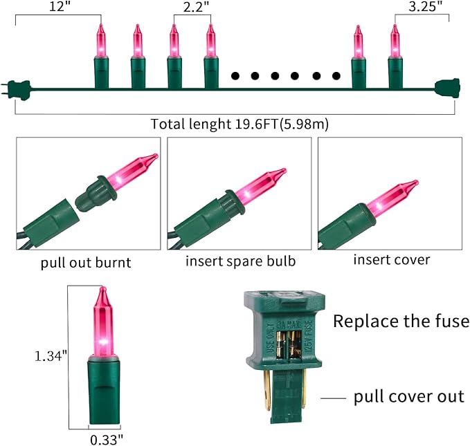 Ultra-Bright Connects End to End Pink Christmas Mini Lights 100L 19.6Ft UL Listed Incandescent Bulb String Light Set for Indoor Outdoor Holiday Garden Party Christmas Tree Garland Decor