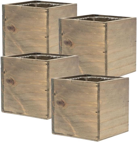 Wooden Planter Box, Rustic Barn Wood with Plastic Liner l Garden Decor l Restaurant and Wedding Decorations l Wedding Bouquets, Table Centerpiece (5x5 Set of 4, Natural)