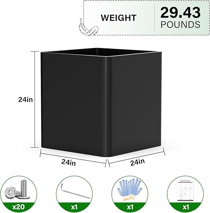 Large Metal Square Planter 24" L x 24" W x 24" H, Heavy Duty Black Large Outdoor Planters with Drainage Hole for Porch/Patio/Garden