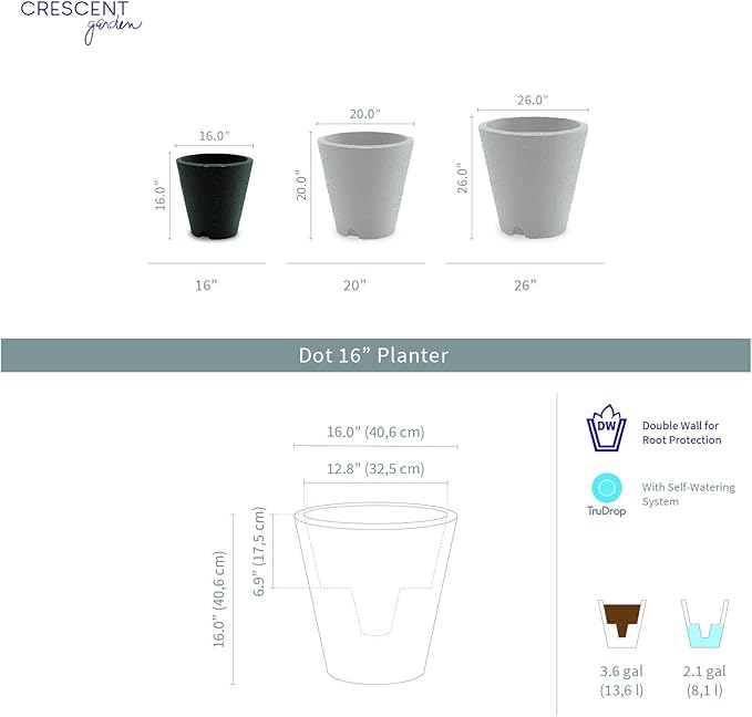 Crescent Garden Dot TruDrop Indoor/Outdoor Planter, Self-Watering Plant Pot, 16 Inches, (Slate)