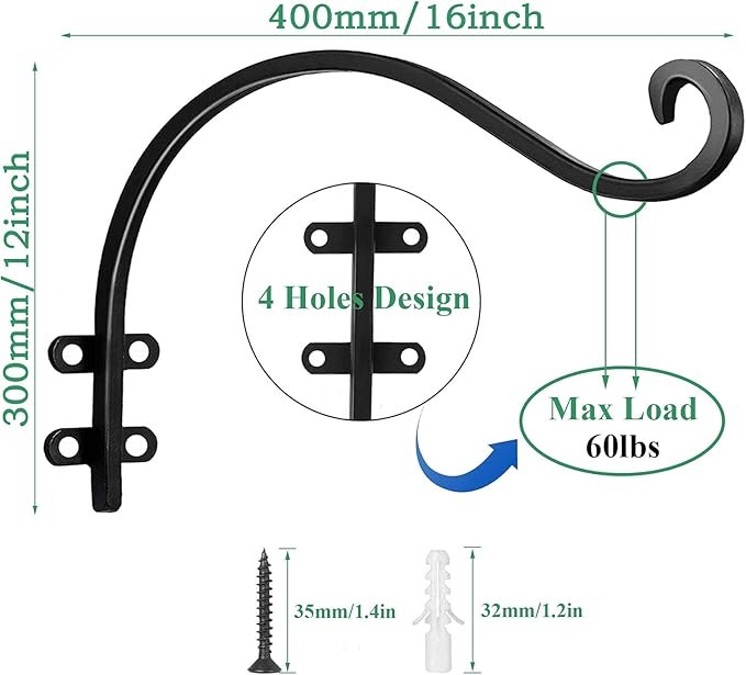 2 Pack Heavy Duty Plant Hanger Bracket, 16Inch Hanging Brackets for Plants Outdoor and Indoor, 80lbs Holding Capacity Metal Plant Wall Hooks, Black Hanging Plant Brackets for Flower Wind Bird Feeder