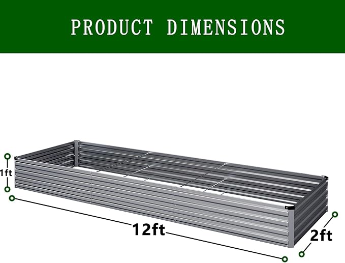 Galvanized Raised Garden Bed,12×2×1FT Metal Planting Box for Outdoor Vegetable, Herb,Planter Gardening (Silver)