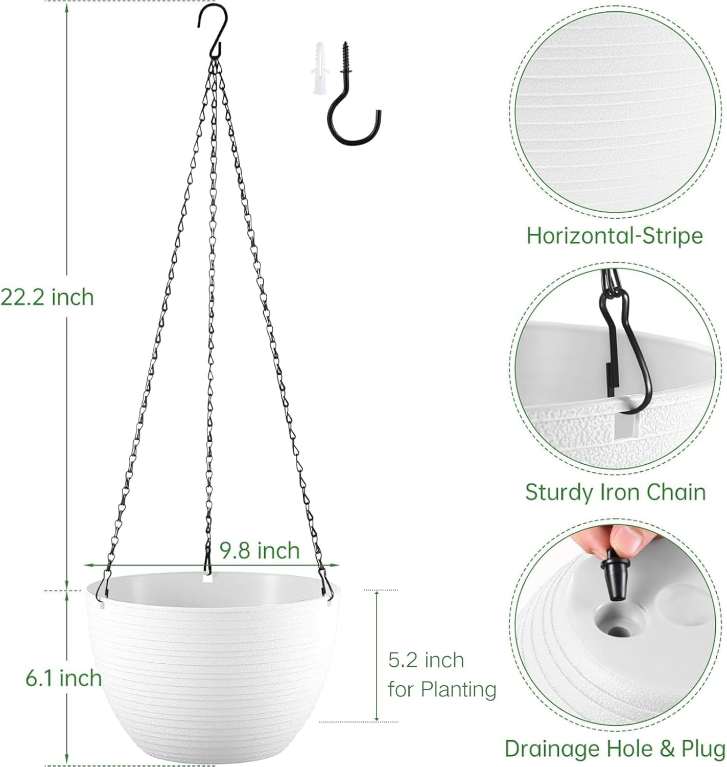 Hanging Planters for Indoor Outdoor Plants, Set of 2 Self Watering Hanging Pots with Drainage Hole & Plug and 20" Chain & Hooks