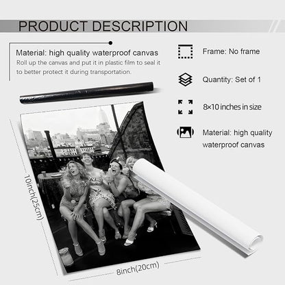 Retro Black And White Woman Canvas Wall Art Fashion Rooftop Party Posters - Image 2