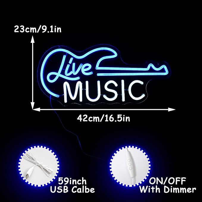 Guitar Neon Sign Blue White Live Music for Wall Decor Dimmable Guitar Led Light up Sign Letter Neon Signs Art Decorative Lights for Music Studio Live Streams Nightclub