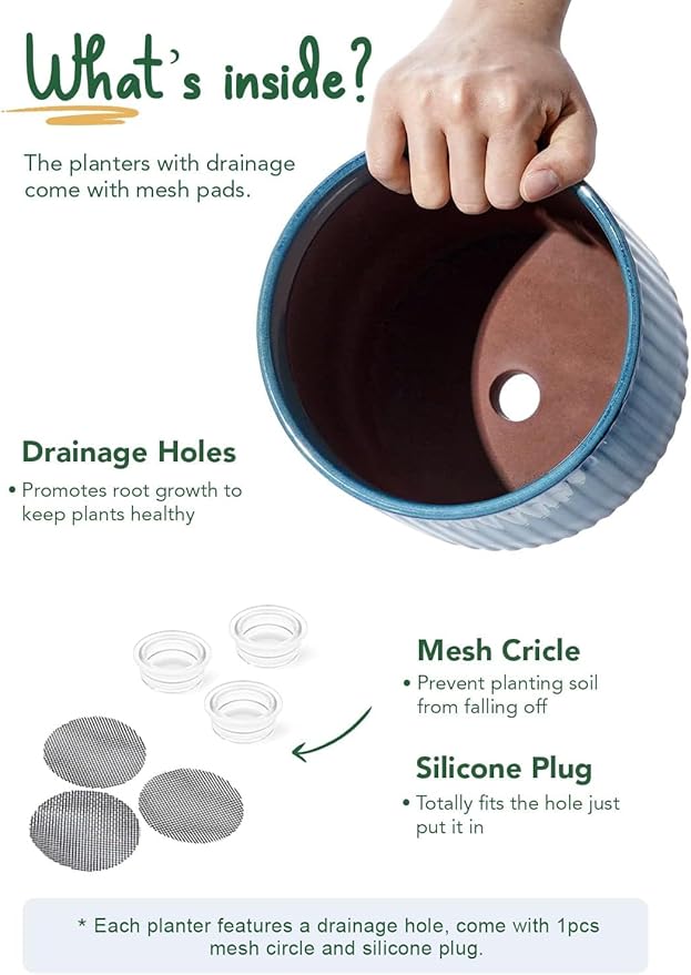 LE TAUCI Ceramic Plant Pots with Drainage Holes, Set of 3, 8+6.7+5.5 Inch Stripe Garden Planter Pots for Outdoor Indoor Plants Flower, Round Succulent Orchid Flower Pot, Reactive Glaze Black