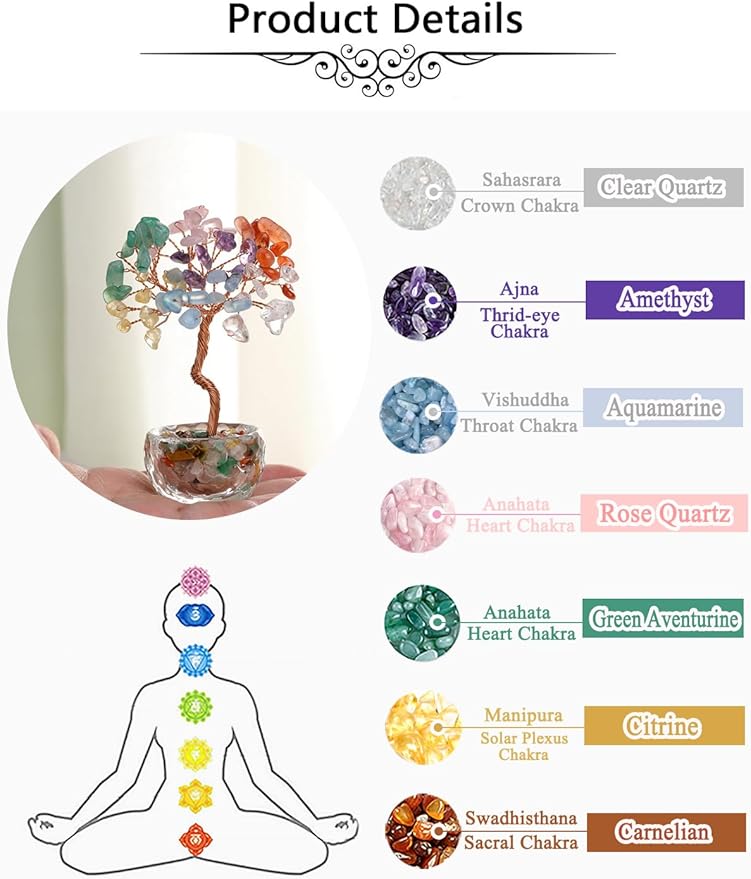 Jovivi Small 7 Chakra Crystals Tree, Natural Crystal Healing Stones Tree Glass Bowl Base Gemstone Money Trees Feng Shui Good Luck Home Desk Decor