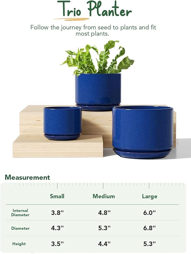 LE TAUCI Ceramic Plant Pots, 4.3+5.3+6.8 inch, Set of 3, Planters with Drainage Hole and Saucer, Indoor Flower Pot with Hole Mesh Pad, Gifts for Mom, Sapphire Blue