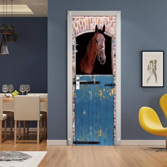 Horse 3D Door Stickers Murals - Peel & Stick - Waterproof & Washable - Matte Finish - Rustic Blue - Rectangular - Indoor - 35.4" x 78.7" - 2 Pieces