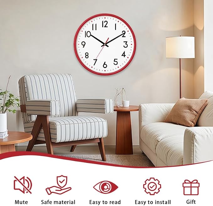 HZDHCLH Wall Clock Red, Silent Wall Clocks Battery Operated 8 Inch Modern Non - Image 2