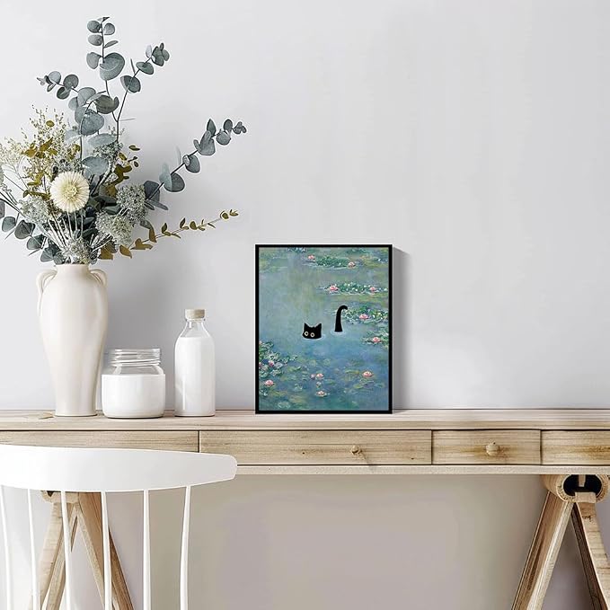 Hamduker Funny Black Cat Wall Art, Monet Art Water Lily Cat Wall Art Decor - Image 4