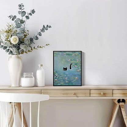 Hamduker Funny Black Cat Wall Art, Monet Art Water Lily Cat Wall Art Decor - Image 4