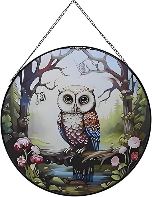 Hanging Stained Glass for Windows,20cm/7.87inch Owl Suncatcher Stained Glass Garden Hangings Ornaments Mother's Day Valentine's Day Halloween Fall Christmas Decor for Home (A Style)