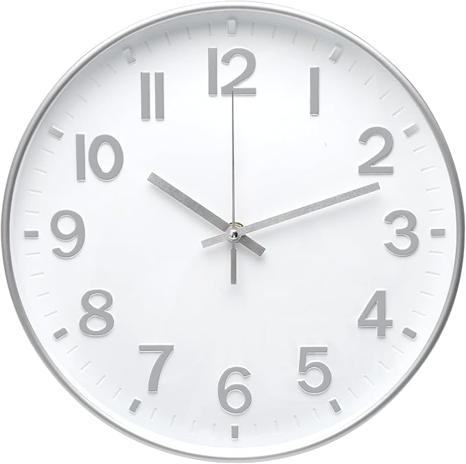 Wall Clock 12 In White-Silver Modern Simple Quartz Decorative Clock Non-Ticking by BAKBRAND