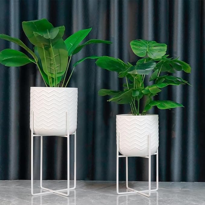 TRIROCKS Set of 2 Planters with Stand Indoor Outdoor Metal Plant Stand 18 &12" Tall Modern Planters Flower Pots for Living Room Corner Kitchen Office Garden Balcony Patio Decor(White)