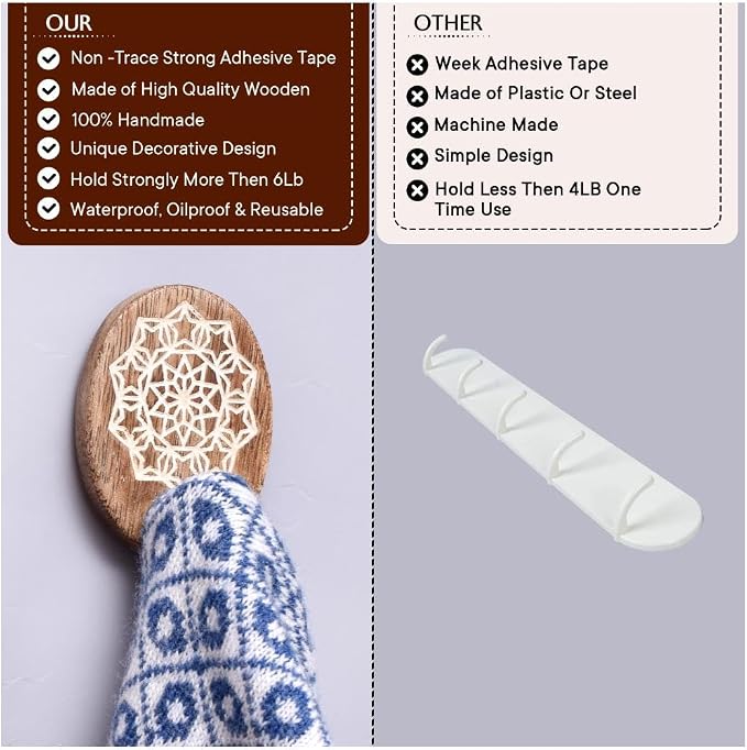 Indian Shelf 6 Lb- 6 Pieces Decorative Wood Adhesive Wall Hooks–Boho Peel and - Image 4